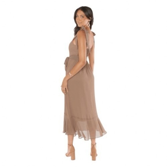 Show Me Your MuMu Claire Midi Dress Dune Chiffon Fitted Bodice Smocked Back S - Picture 3 of 8